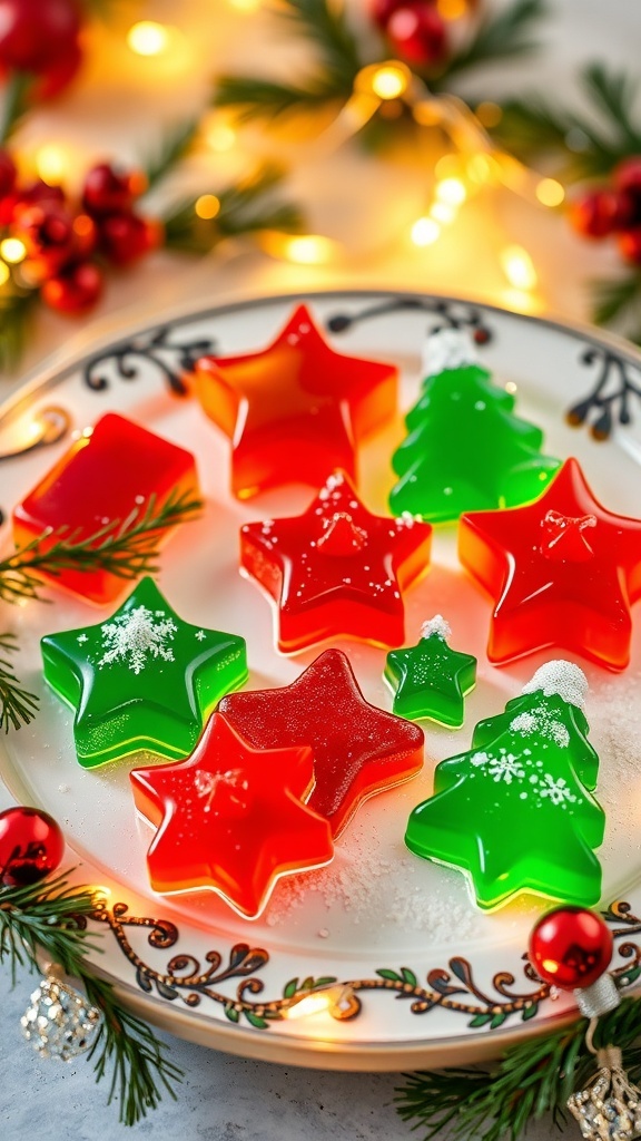 Colorful Christmas nail jelly in star and tree shapes on a holiday platter.